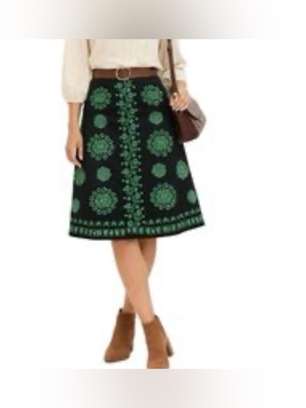 Lithe Anthropologie Boho Skirt Black A-Line with Green Floral Motif